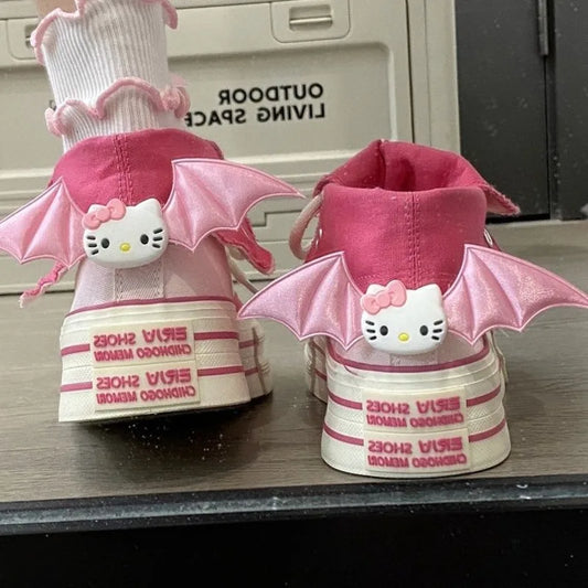 Hello Kitty High Top Canvas Skateboard Sneakers with Bat Wings Clips for Women Trendy New Thick Sole Lace-up Cute Board Shoes