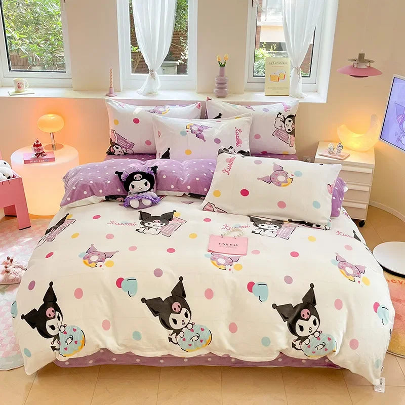 Winter Milk Velvet Bedding Set Hello Kitty Melody Kuromi Thickening Warm Flannel Queen Duvet Cover Bed Sheet Pillowcase