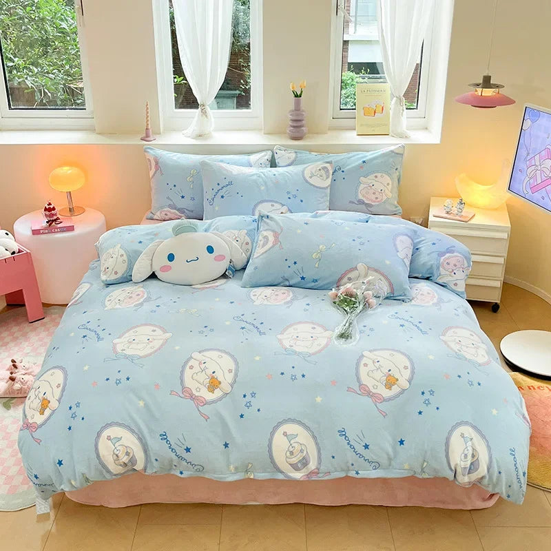 Winter Milk Velvet Bedding Set Hello Kitty Melody Kuromi Thickening Warm Flannel Queen Duvet Cover Bed Sheet Pillowcase