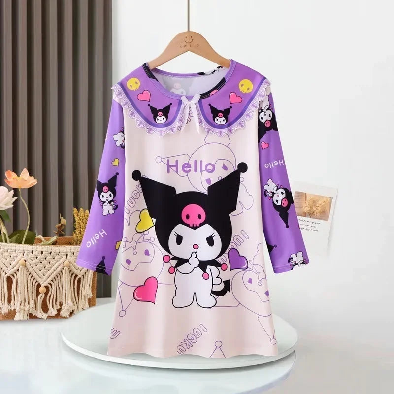 Hello Kitty Kuromi Children's Pajamas Dress Cinnamoroll My Melody Cartoon Baby Anime Kids Set Long Sleeved Skirt Girls