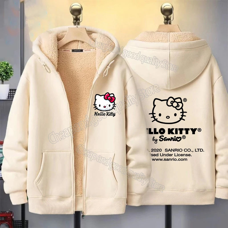 Hello Kitty Women's Zipper Hoodie Autumn and Winter New Cute Kawaii Pattern Sweatshirt Streetwear Girl Lady Clothing Coat