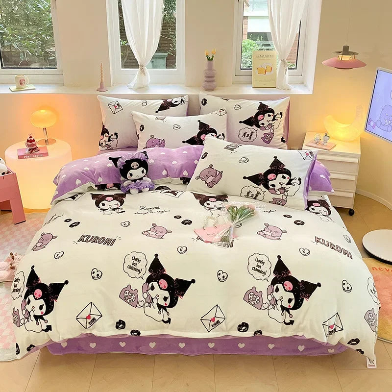 Winter Milk Velvet Bedding Set Hello Kitty Melody Kuromi Thickening Warm Flannel Queen Duvet Cover Bed Sheet Pillowcase