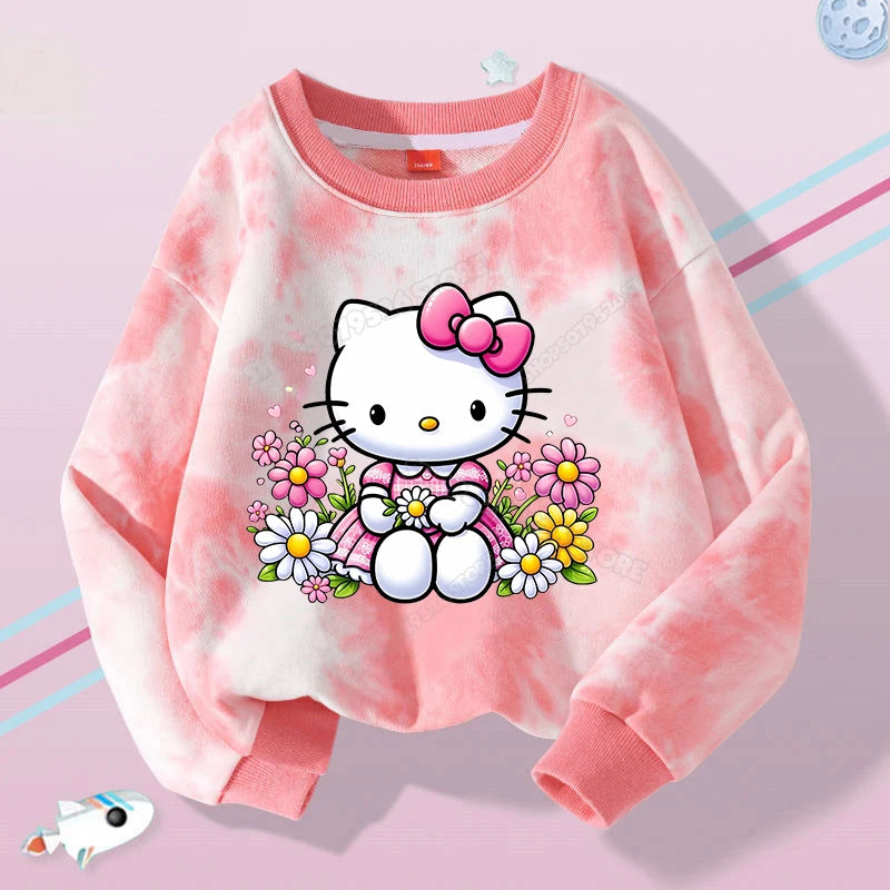 Hello Kitty Kuromi Cute Print Sweatshirts Girl Clothes Autumn Trend Tie Dyed Round Neck Pattern Children Pullover Long Sleeves