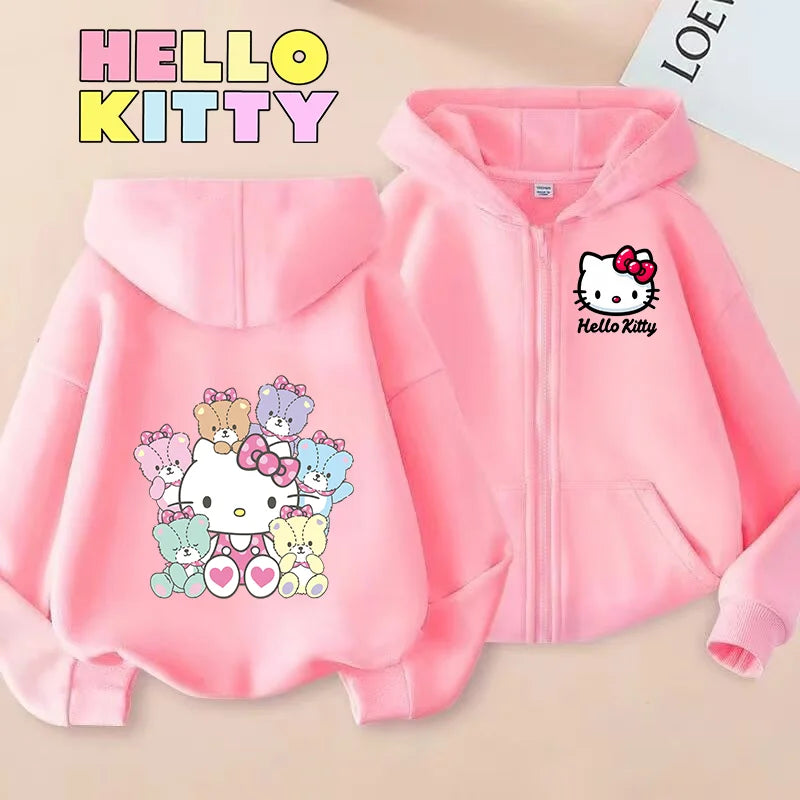 Hello Kitty Zipper Hoodies Girls Sweatshirt Autumn and Winter Long Sleeve Harajuku Pullovers Casual Hooded Tops Birthday Gift