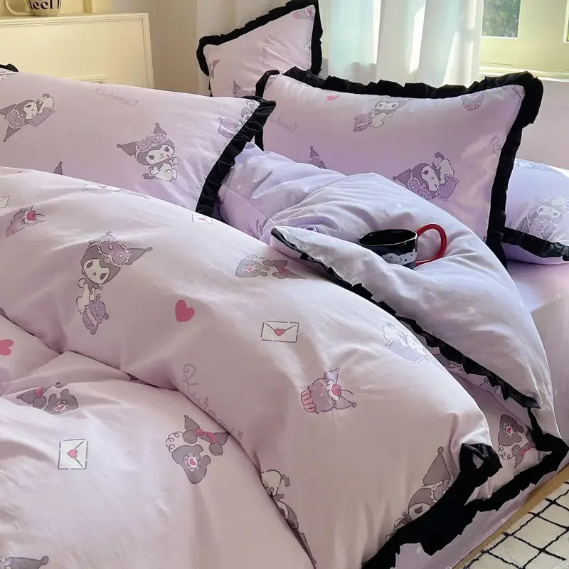 Hello Kitty Cinnamoroll My melody Kuromi new cute cartoon active printing pure cotton edge quilt cover bed sheet three-piece set