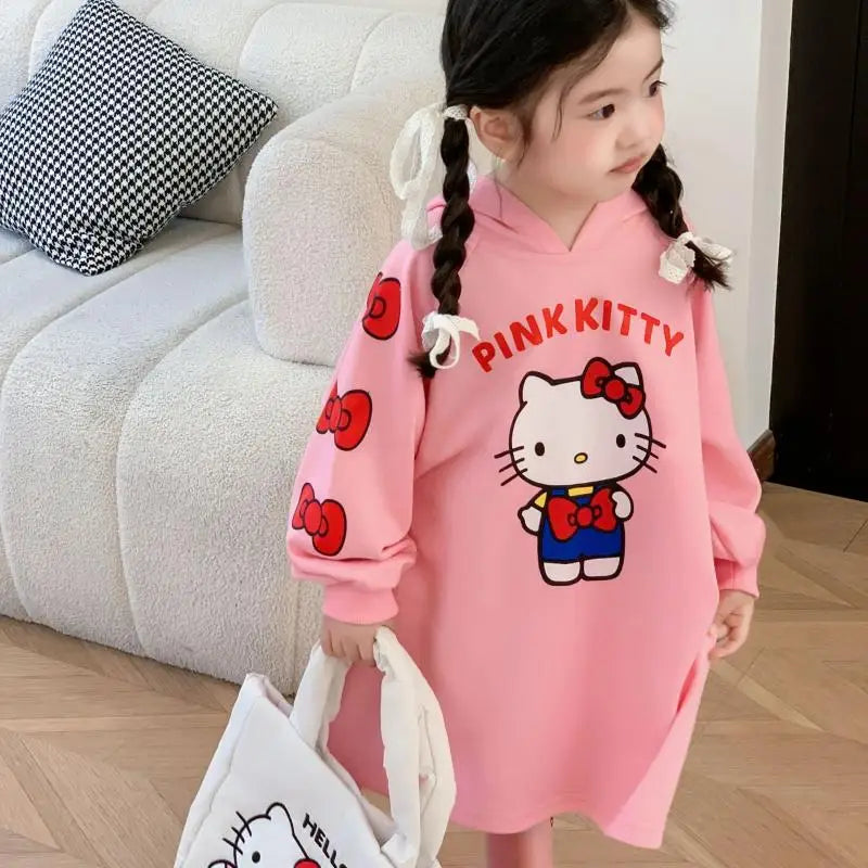 Hello Kittys Girl Hooded Sweatshirt Dress Anime Kawaii Cartoon Long Sleeves Autumn Winter Sportswear Child Clothing