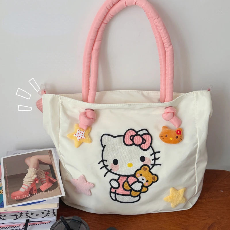 Hello Kitty Womens Tote Bag Embroidery Nylon Large Capacity Cute Cartoon Shoulder Bag Casual Commuter Travel Female Handbag