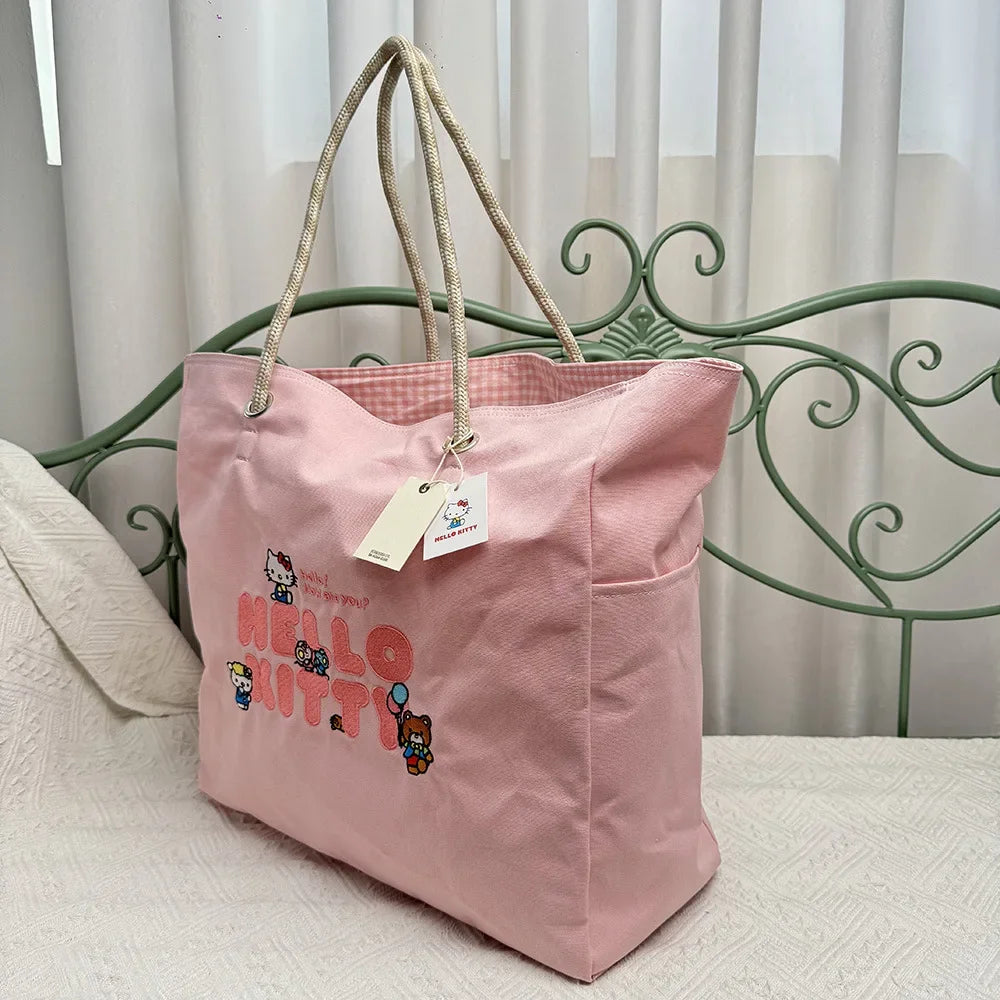 Hello kitty Pink Exquisite Embroidery Large Capacity Cartoon Handbag Cute Women's Cloth Bag Tote Storage Bag Top Quality Luxury