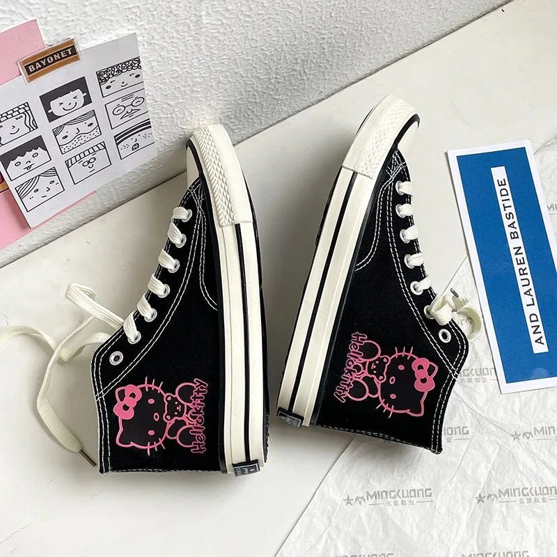 Hello Kitty High Top Canvas Shoes Student Cartoon Graffiti Skateboard Shoes Kawaii Girls Preppy Style Versatile Sneakers