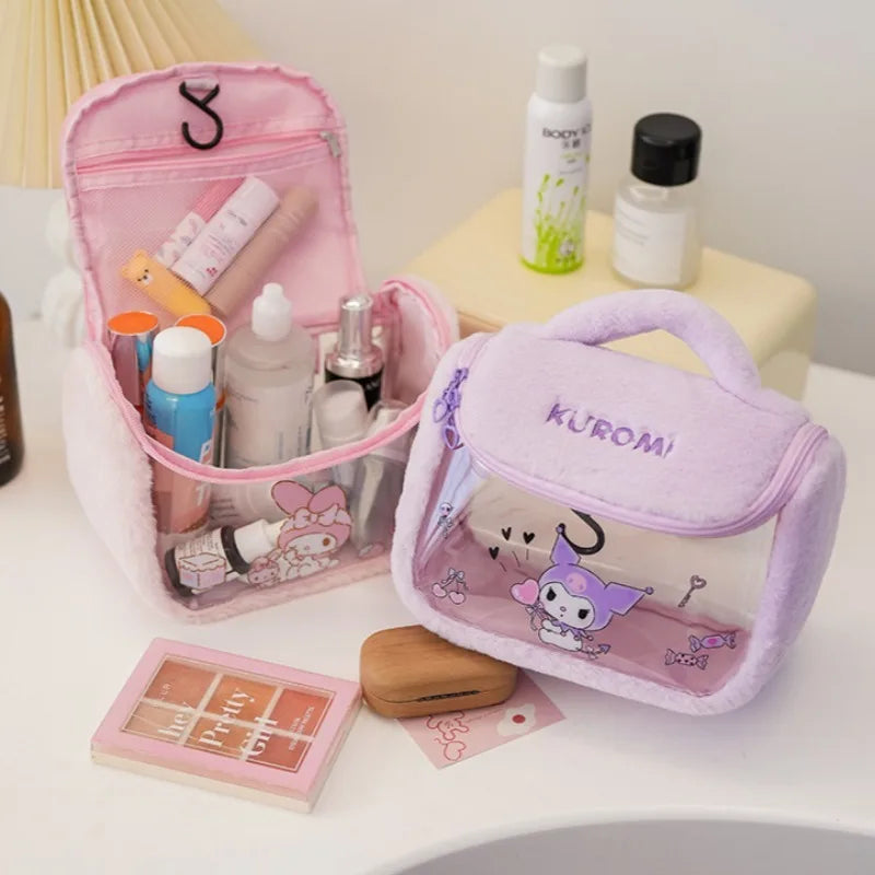 Plush Makeup Bag Kawaii Anime Hello Kitty Kuromi Melody Portable Large Capacity Storage Bags Cute Cartoon Cosmetic Bags