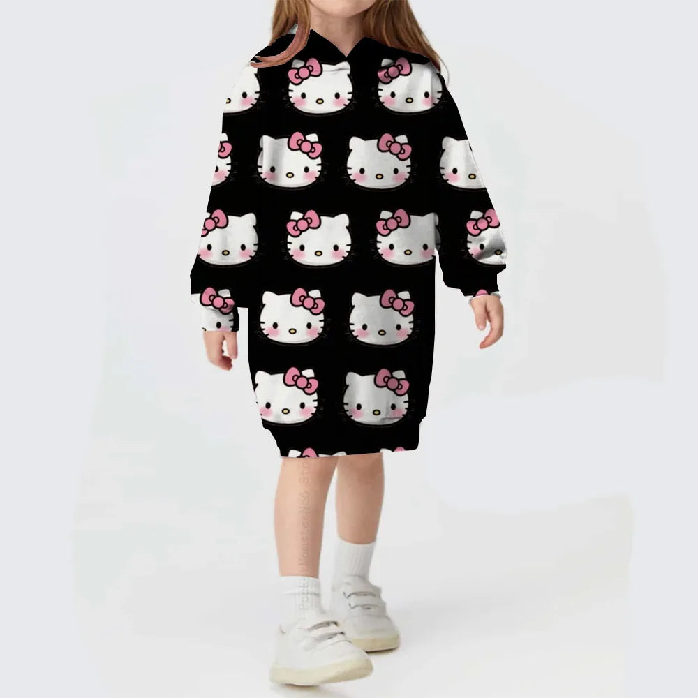 Girls Hooded Dress for Autumn Winter Kids Hello Kitty Kuromi print Dress Girl Striped Long Sleeve Clothes Kids Hoodies Dresses