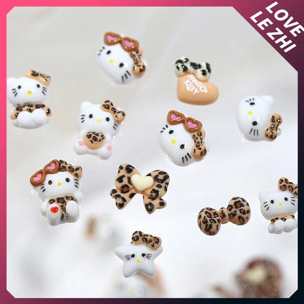 20 PCS Mixed Kawaii Leopard Print Hello Kitty Nail Art Decor Large Bow Sunglasses Heart Resin Nail Art Charms Accessories Gifts