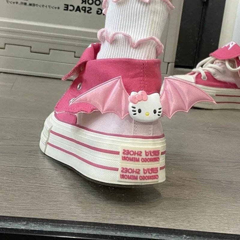 Hello Kitty High Top Canvas Skateboard Sneakers with Bat Wings Clips for Women Trendy New Thick Sole Lace-up Cute Board Shoes