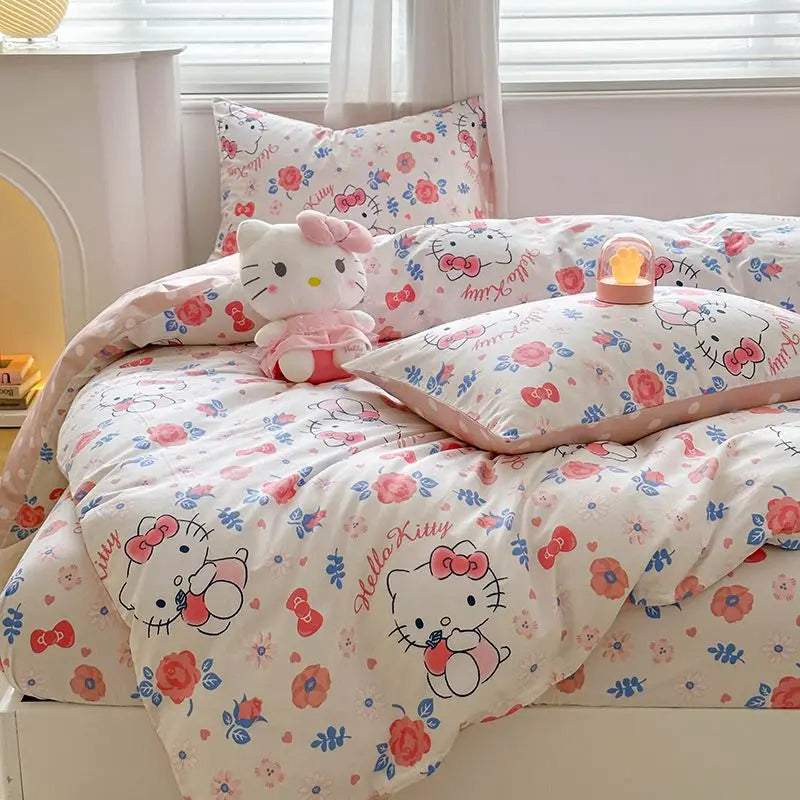 Kuromi Cinnamoroll My melody Hello Kitty Fashion Simple Cartoon Print Pure Cotton Bed Sheets and Quilt Covers Three Piece Set