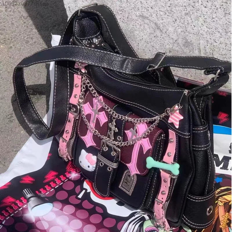 Hello Kitty Gothic Punk Vintage Pink Crossbody Bags for Women Hot Girl Handbag Y2k Trend School Zipper Tote Bag