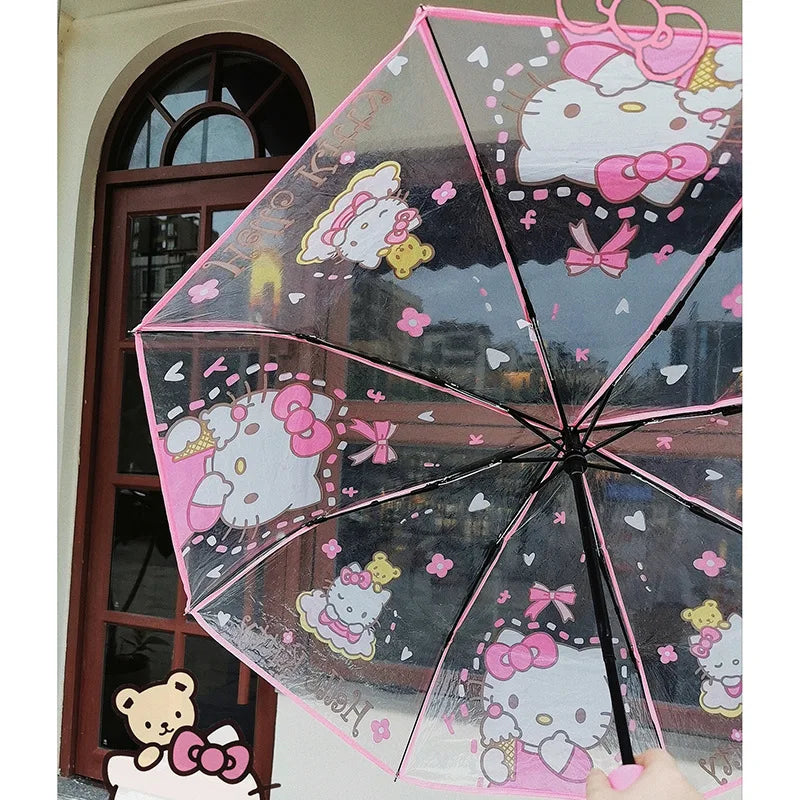 Anime Hello Kitty Umbrella Manual Automatic Cartoon Folding Umbrella Portable Transparent Student Umbrella Girl Gifts