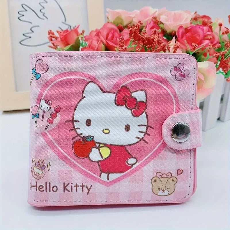 Kawaii Hello Kitty Cinnamoroll PU Casual Short 2 Fold Cartoon Purse Card Holder Wallet Cute Kuromi Button Card Bag Wallet