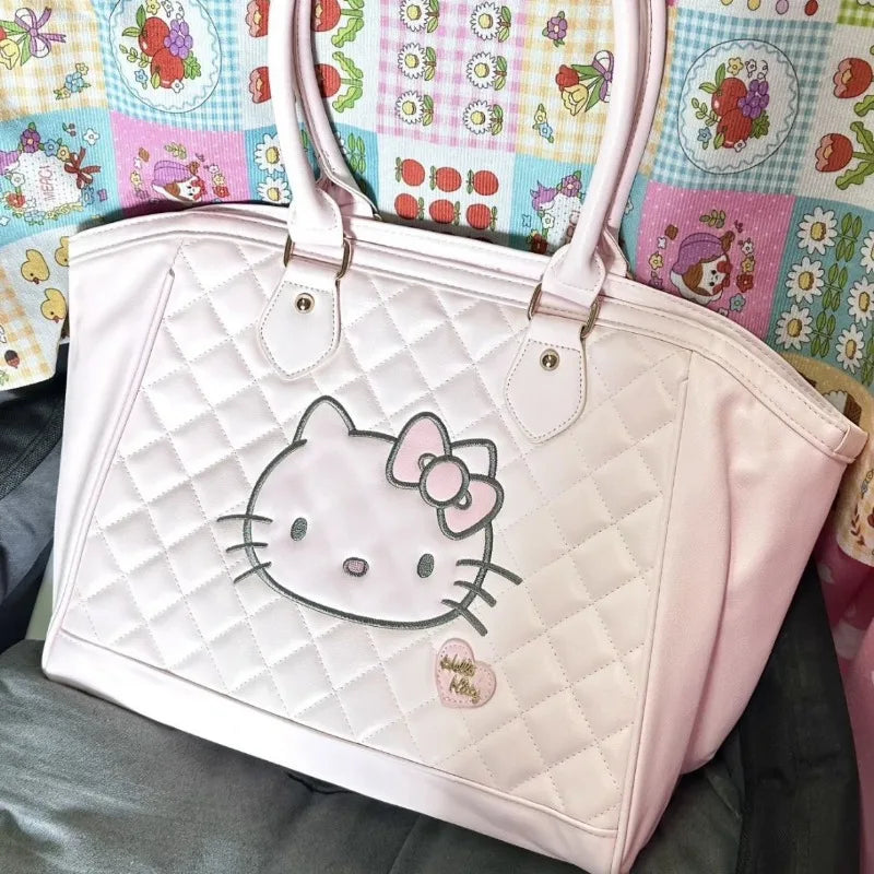 Pink Tote Bags for Women Hello Kitty Embroidery Cartoon Fashion Shoulder Bag Cute Large Capacity Kawaii Female New Handbag