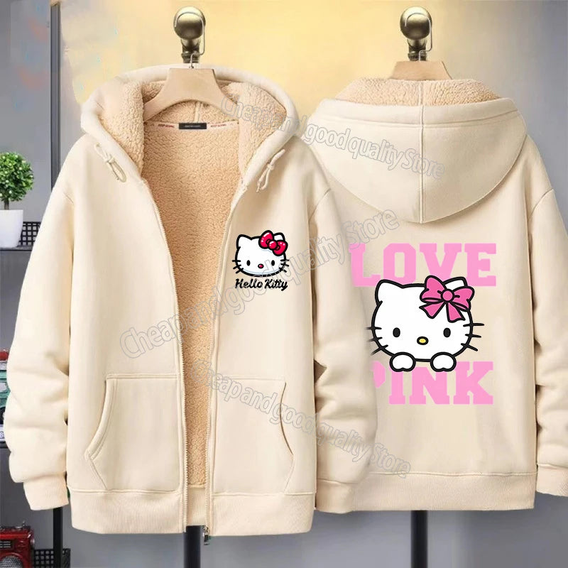 Hello Kitty Women's Zipper Hoodie Autumn and Winter New Cute Kawaii Pattern Sweatshirt Streetwear Girl Lady Clothing Coat