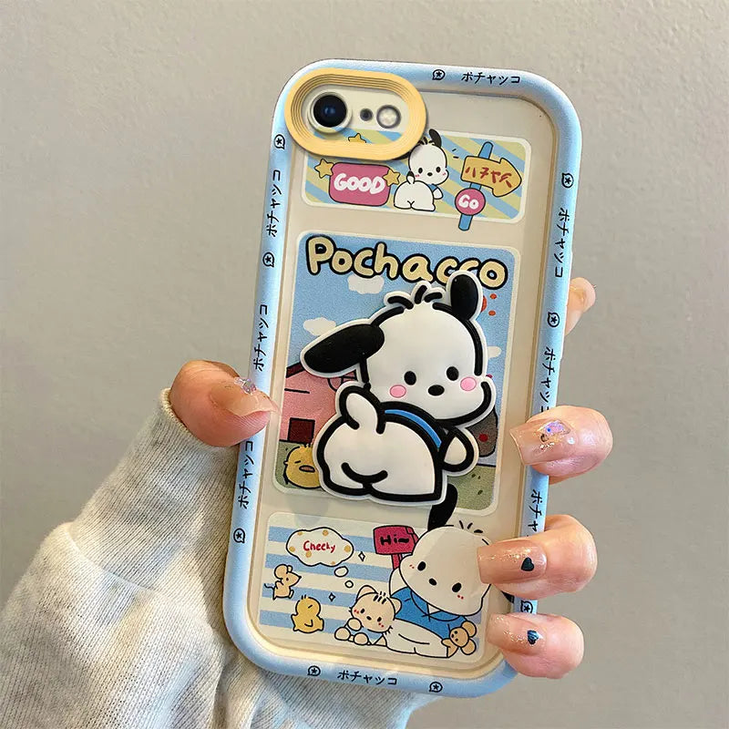 For iPhone 8plus 7 8 6 6s Plus SE 2020 2022 So Cute 3D Cartoon Kuromi Pochacco Toy Phone Case Multistep Hand Strap Cover