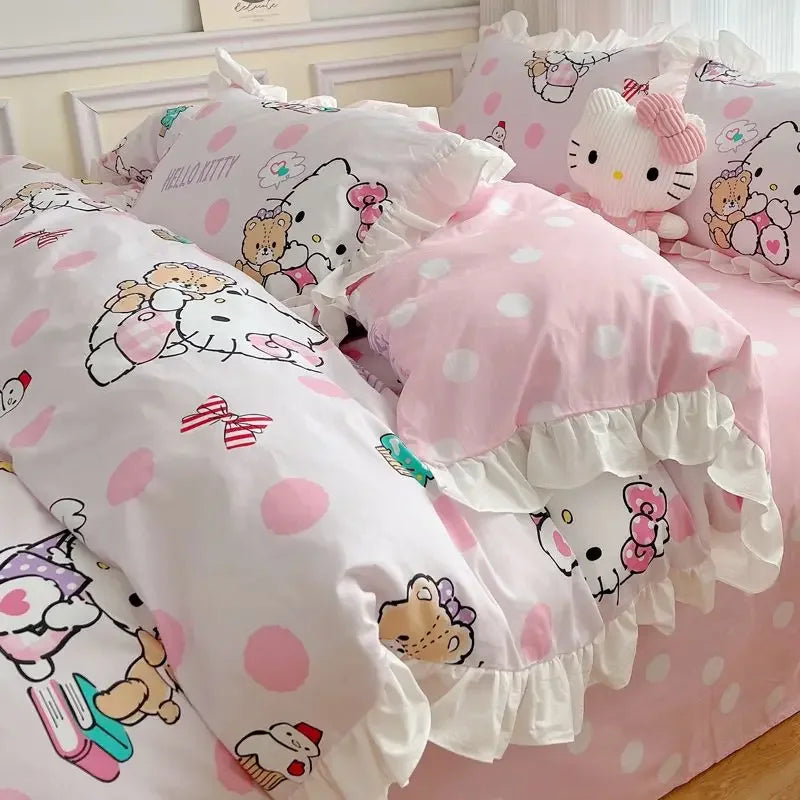 Hello Kitty Cinnamoroll My melody Kuromi new cute cartoon active printing pure cotton edge quilt cover bed sheet three-piece set