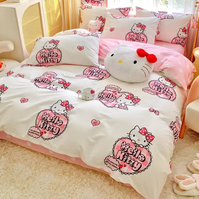 Cute Hello Kitty simple and sweet cartoon printed soft and comfortable pure cotton bed sheet and quilt cover three-piece set