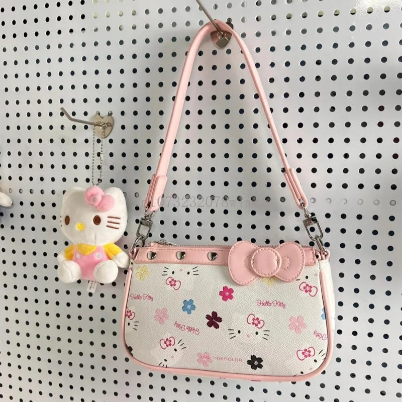 Japanese Y2k Hello Kitty Handbags Sweet Preppy Girls Underarm Bag Fashion Cartoon Bowknot Pu Lether Armpit Purse Chic Hobo Bag