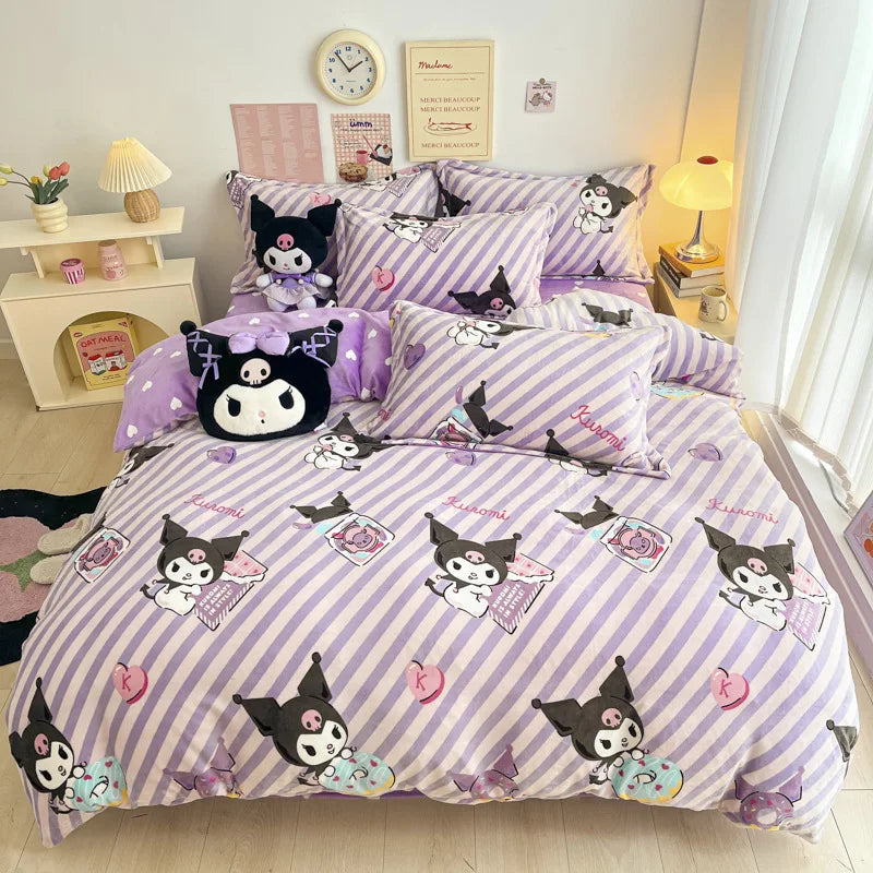 Double Sided Velvet Bedding Set Melody Kuromi Hello Kitty Winter Flannel Single Double Queen King Quilt Cover Bed Sheet