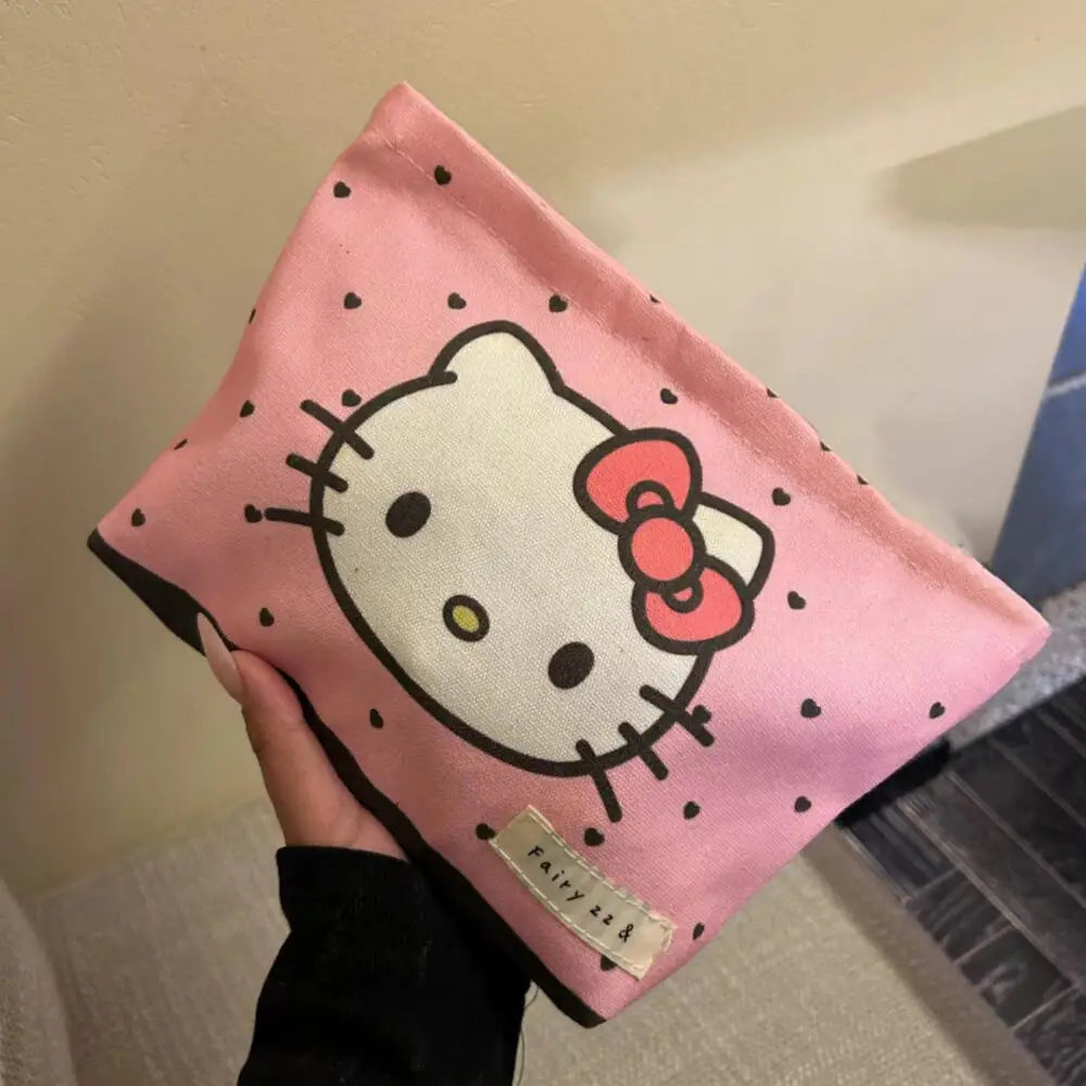 Hello Kitty Pink Sweetheart Cosmetic Bag Cute Kitty Cat Portable Canvas Travel Sundries Storage Bag Large Coin Purse