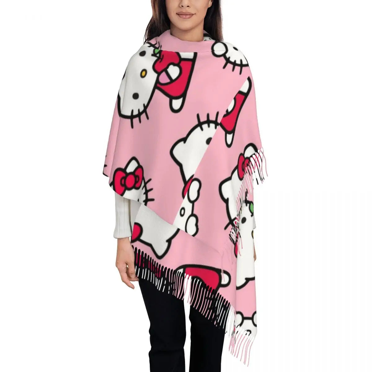 Customized Lady Long Hello Kitty Pattern Scarves Women Winter Fall Thick Warm Tassel Shawl Wraps Sanrio Scarf