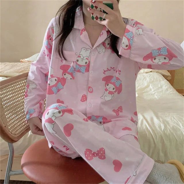 Kawaii Hello Kitty Cosplay Clothes Kuromi Korean Autumn Two Piece Pajamas Soft Home Wear Outgoing Girl