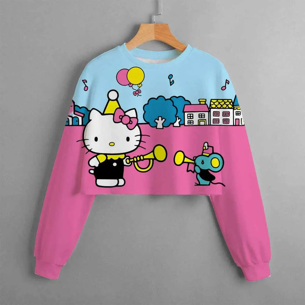 Autumn and winter new Hello Kitty girls short sweater printed hoodie casual cartoon children's clothing comfortable top