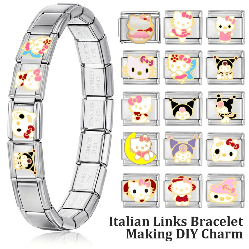 Hello Kitty Italian Links Charms Cute Cartoon KT Cat Beads Charm 9mm Stainless Steel Bracelet DIY Jewelry Making