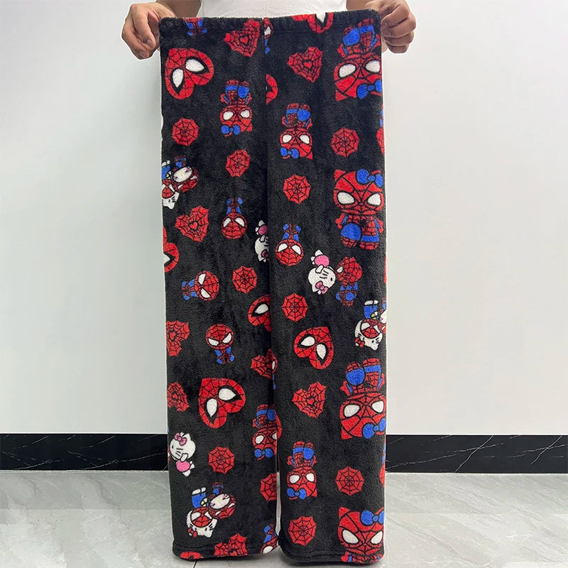 Hello Kitty Spider-man Cotton Velvet Loose Pajamas Pajamas Long Pants Women's And Men's Cartoon Sleeping Casual Wear