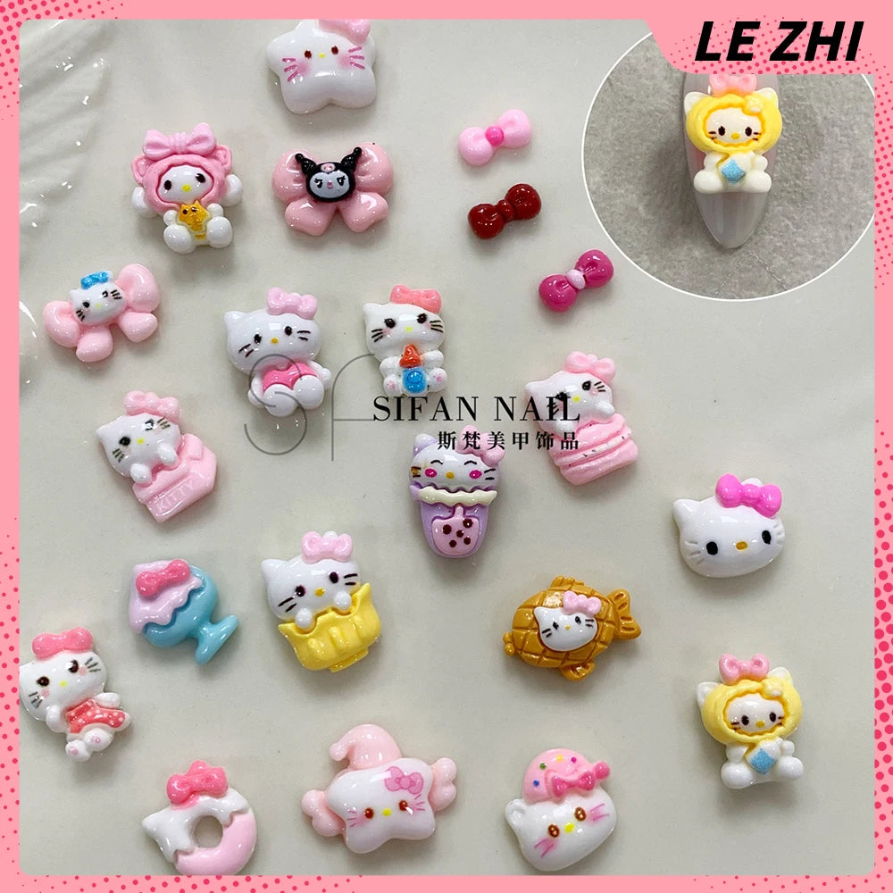 20PCS Kawaii Cartoon 3D Nail Accessories Hello Kitty Kuromi Dress Up Bowknot Decoration Art Charms DIY Jewelry Supplies Gift