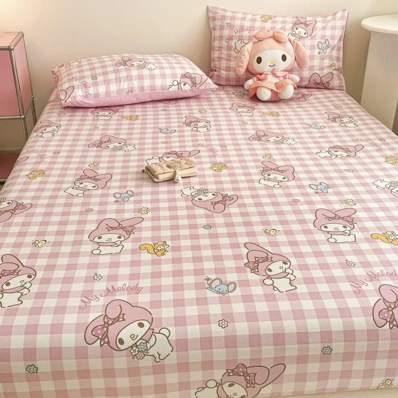 Pure Cotton Fitted Sheet Three-piece Set Hello kitty My Melody Cotton Bedspread Cute Kuromi Full Surround Protective Cover