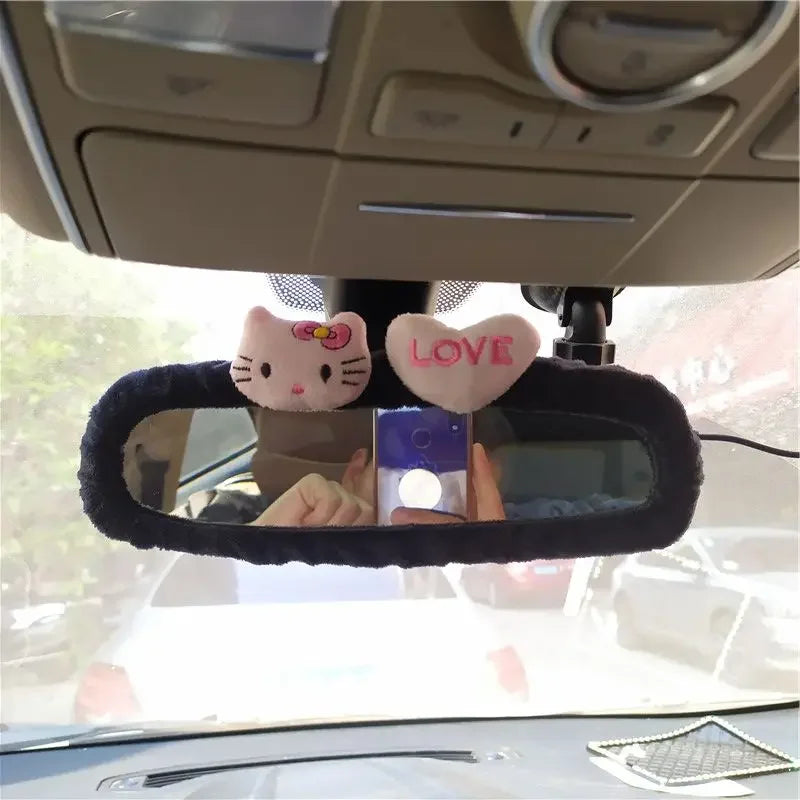 Hello Kitty Car Rearview Mirror Cover Cartoon Flannel Auto Rear View Mirror Decoration Automotive Interior Accessories