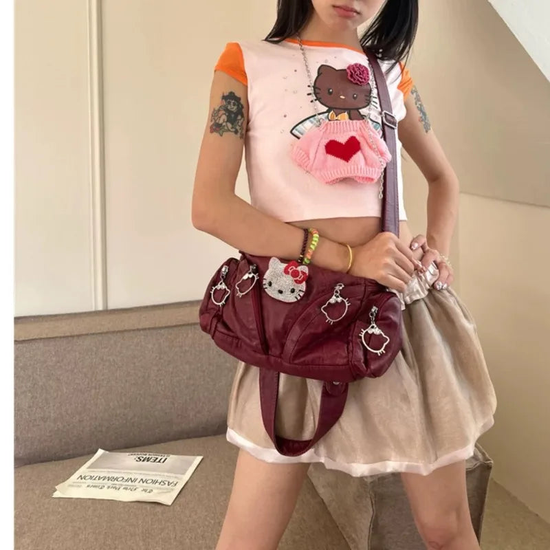 Vintage Shoulder Bag for Women Cute Hello Kitty Luxury Designer Handbag Pu Leather Fashion Original Ladies Armpit Bag