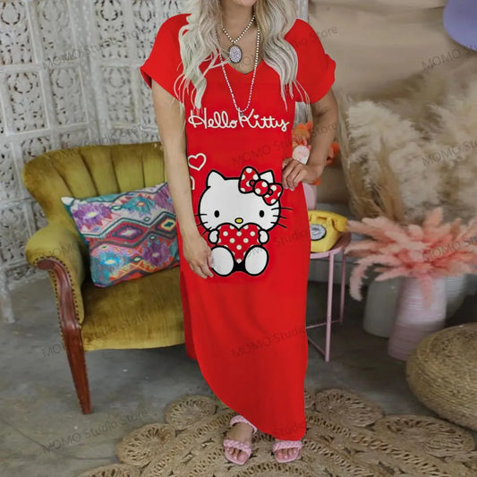 V-neck Robe Hello Kitty Long Dresses Fashion Streetwear Women's Clothes S-2XL Kawaii 2024 Elegant Gowns Summer Woman Dress Party