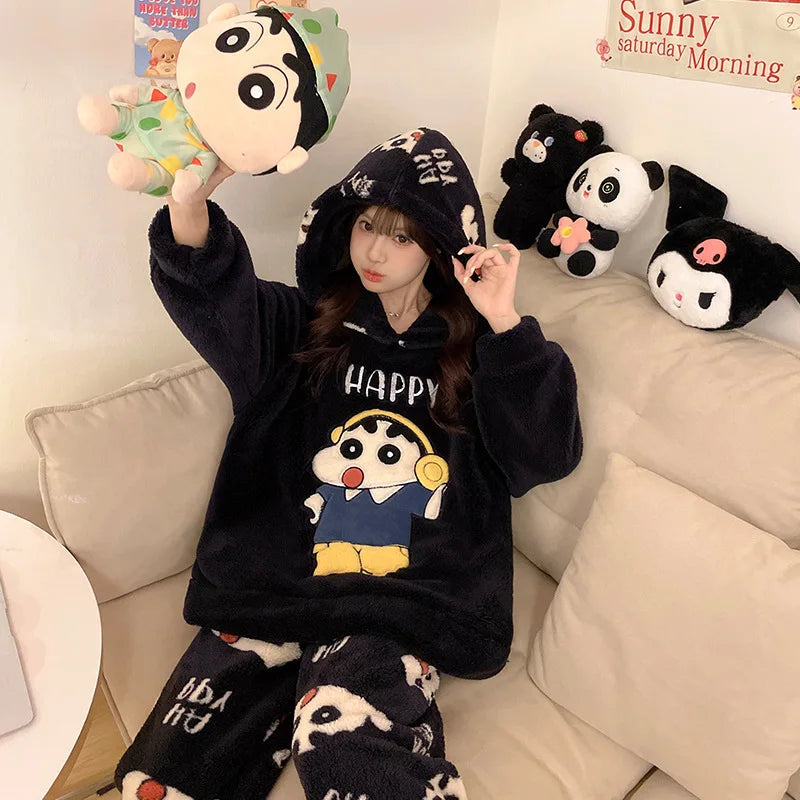 Crayon Shin-Chan Winter Pajama Set Thickened Coral Velvet Hooded Pajamas Set Cartoon Couple Style Pajama Set Holiday Gift Toy