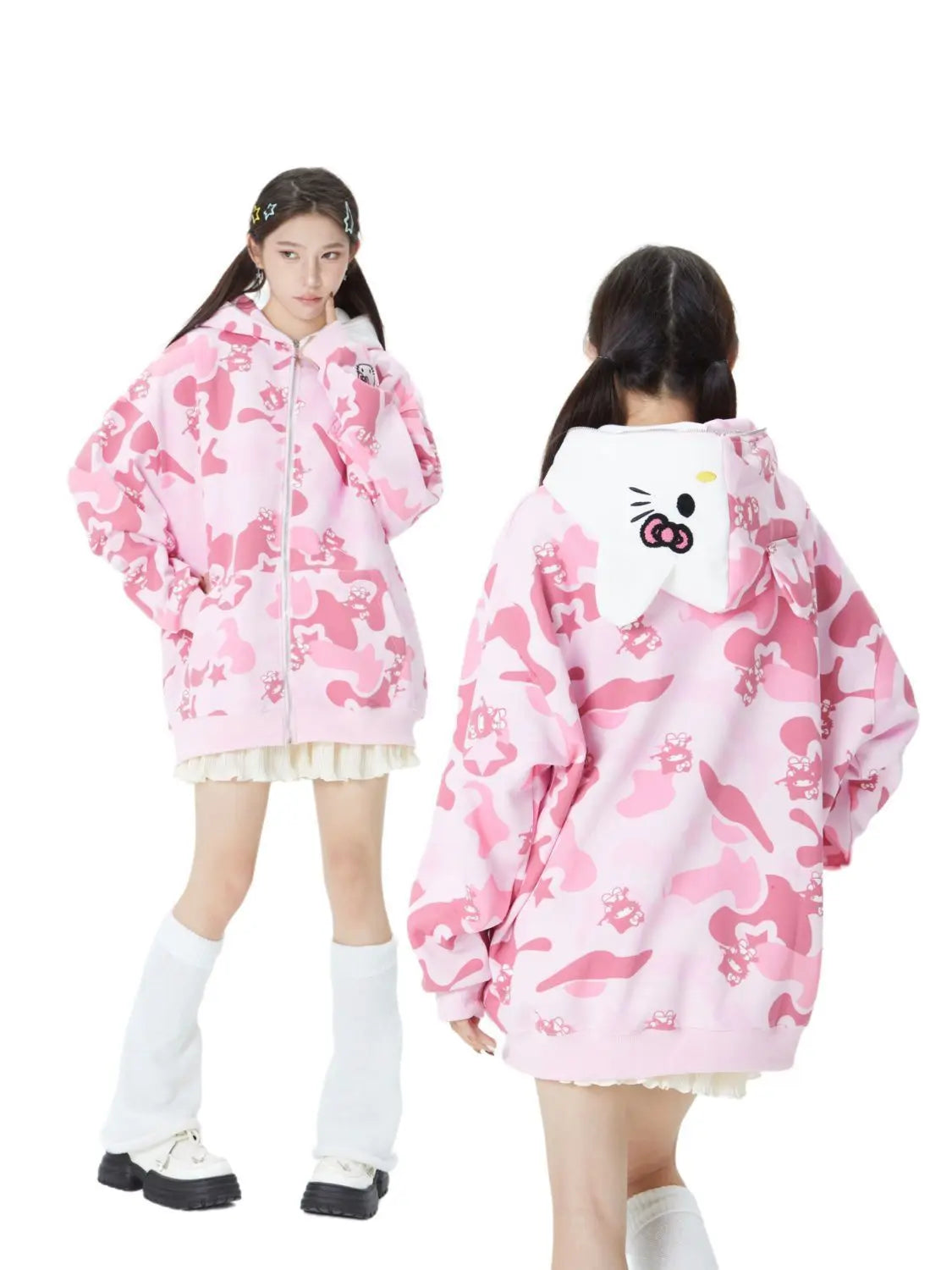 Hello Kitty Y2K Jacket Zipper Cardigan Hoodie Camouflage Blouse Sweatshirts Autumn Long Sleeve Sweater Jacket for Female