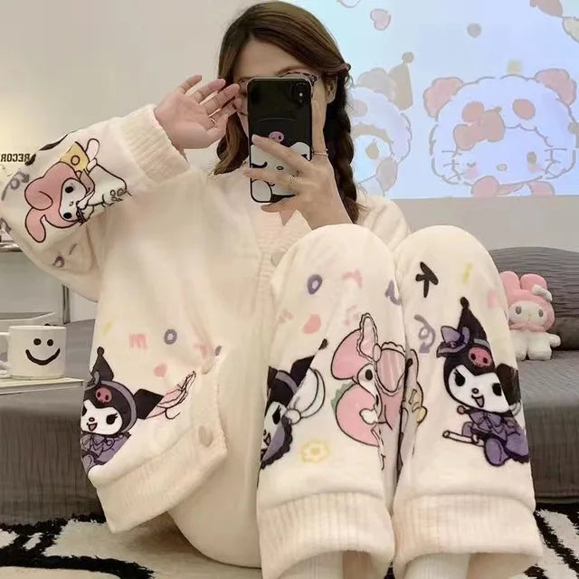 Kawaii Hello Kitty Cosplay Clothes Kuromi Korean Autumn Two Piece Pajamas Soft Home Wear Outgoing Girl