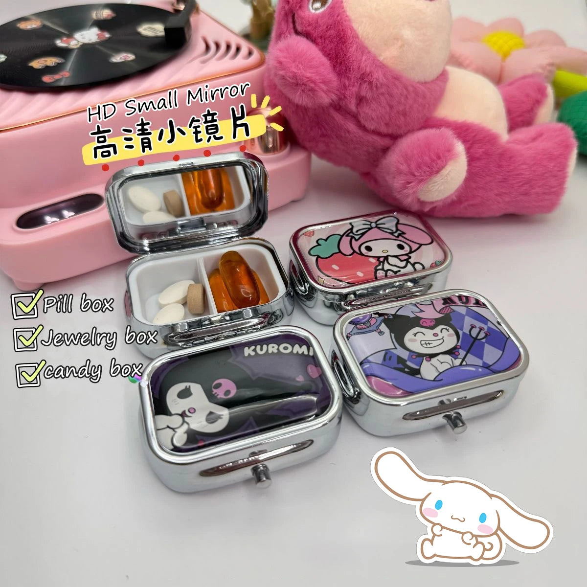 Hello Kitty Pill Case Anime Kuromi My Melody HD Mirror Subpackage Box Portable Travel Multi-Function Jewelry Storage Gift