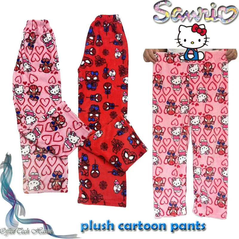 Cotton Velvet Hello Kitty Spider-man Unisex Loose Pajama Set with Long Pants Comfortable Fit, Perfect for Sleep Casual Home Wear