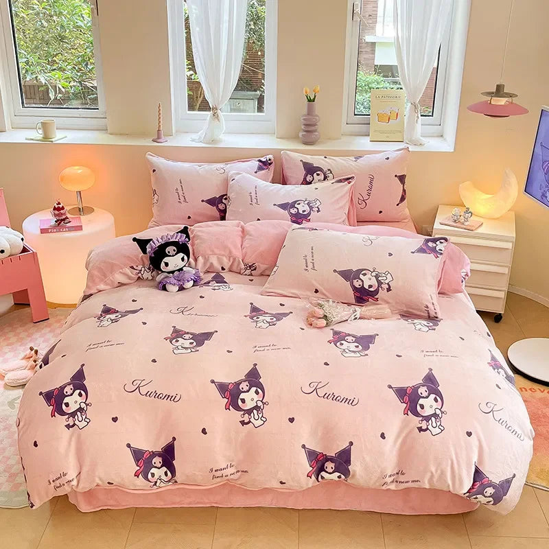 Winter Milk Velvet Bedding Set Hello Kitty Melody Kuromi Thickening Warm Flannel Queen Duvet Cover Bed Sheet Pillowcase