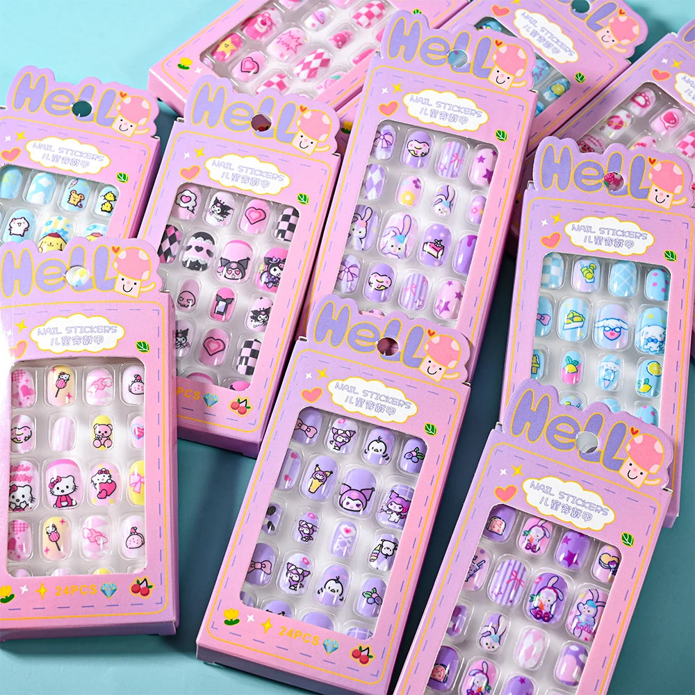 24Pcs Cartoon Hello Kitty Press on Nails Sanrio Series Pink/Blue/Purple Kuromi Kawaii Fake Nail for 6 years+ School Girl