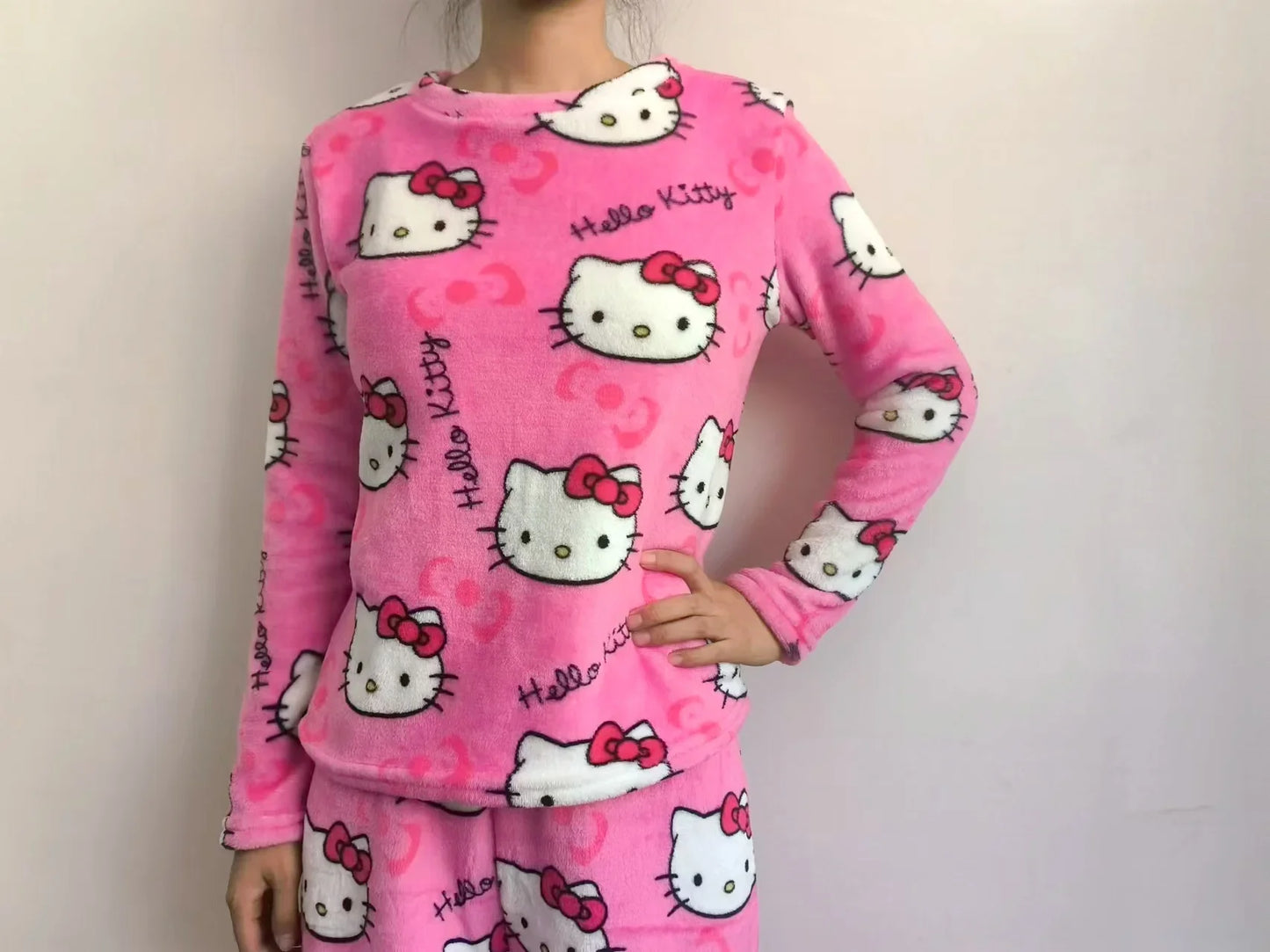 Hello Kitty Pajama Set Sanrio Pajama Pants Jacket Anime Fleece Double Elastic Fabric Soft Trousers Women Cartoon Birthday Gift