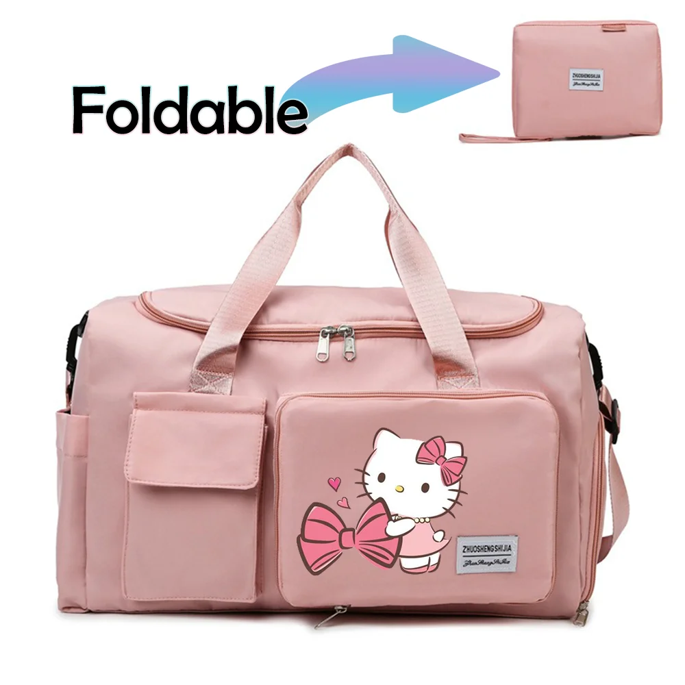 Hello Kitty Cartoon Travel Bag Large Capacity Storage Shoulder Bags Gym Duffle Pack with Shoe Compartment Portable HandBag