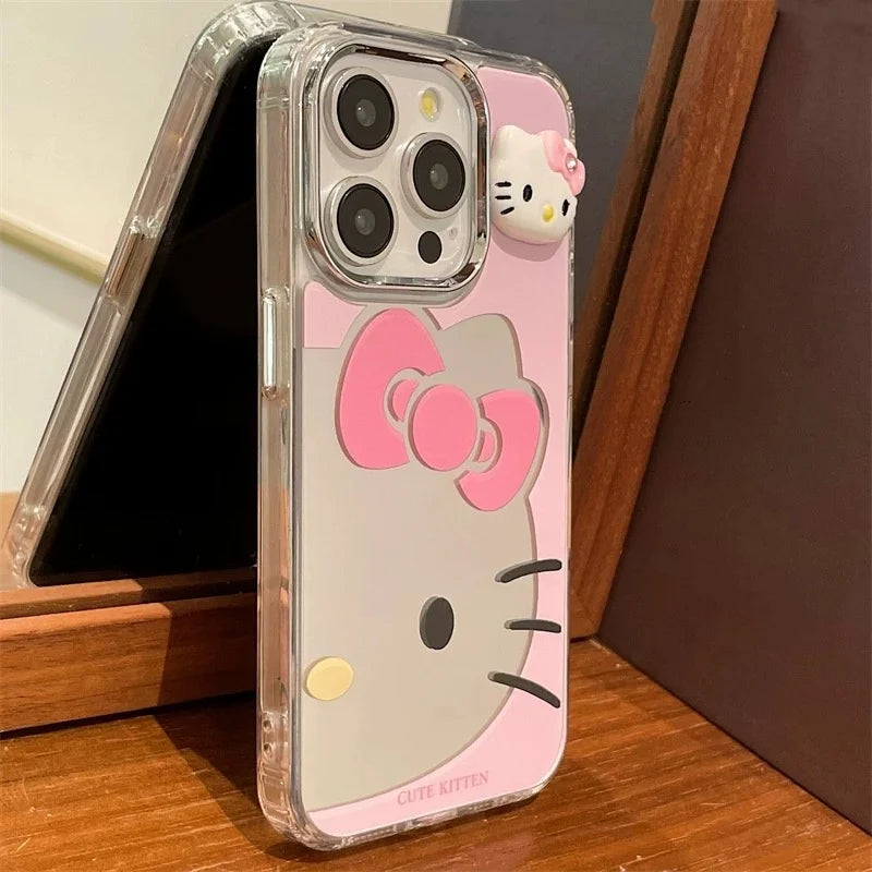 Cute Cartoon Bow Hello Kitty Luxury Make Up Mirror Phone Cover For iPhone 12 13 14 15 16 Pro Max Pink Kitty Lovely Back Cover