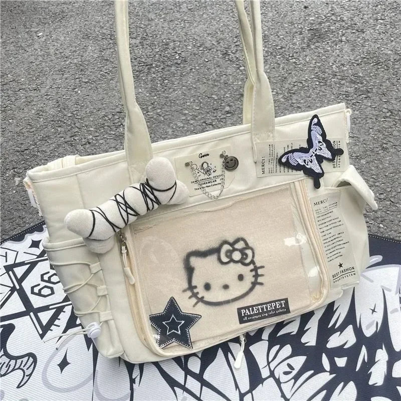 Hello Kitty Womens Tote Bag Canvas Large Capacity Pink Patchwork Shoulder Bag Casual Chain Sweet Fashion Ladies Handbag